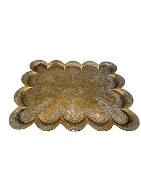 Vintage Brass Scalloped Tray Ornate Floral Engraving Rectangular Design 11" X 8.